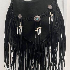 WESTERN STYLE BLACK DEERSKIN LEATHER CROSSBODY FLAP BAG WITH FRINGES AND STONES